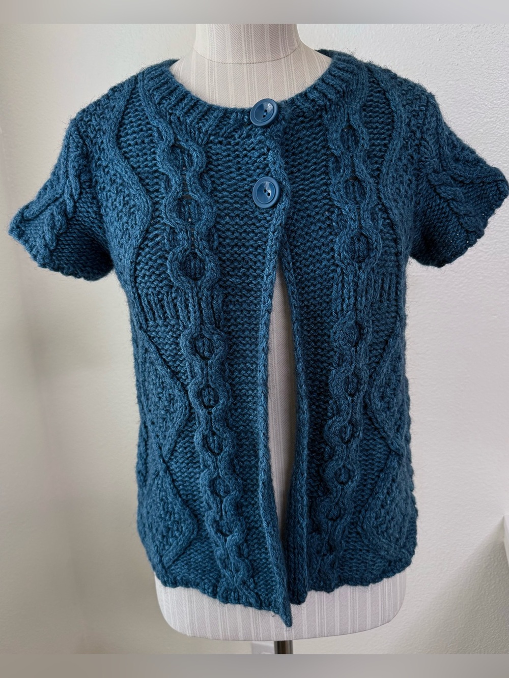 Y2K XXI Blue Cable Knit Short Sleeve 2-Button Cardigan Sweater Wool Blend Size L